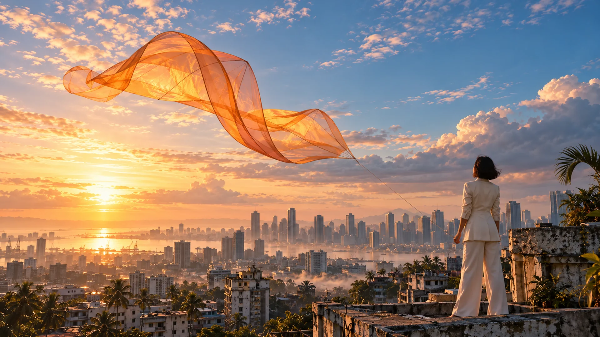 AI-generated concept of a woman overlooking a city at sunrise beneath floating orange fabric.