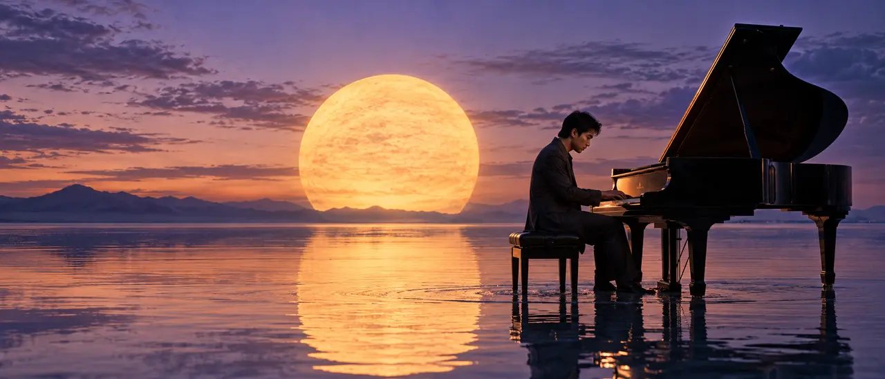 AI-generated concept of a pianist on a reflective sea beneath an oversized golden sun.