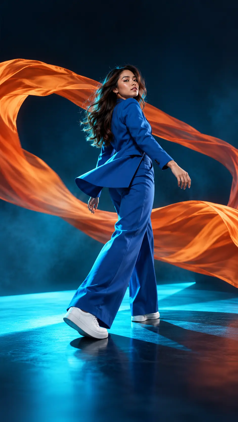 AI-generated fashion study of a model in a blue suit framed by flowing orange fabric.