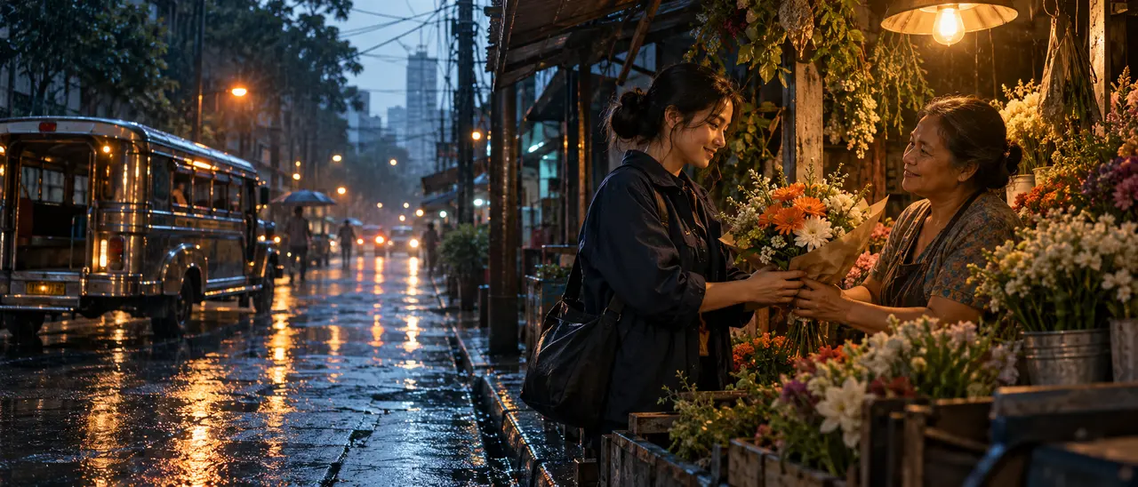 AI-generated concept of two women sharing a bouquet at a flower stall on a rainy city street.