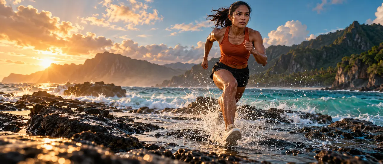 AI-generated concept of a runner moving through sea spray on a rocky coast at sunset.