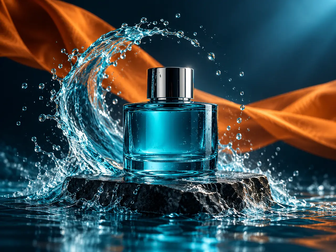 AI-generated product study of a blue glass perfume bottle surrounded by water and orange fabric.