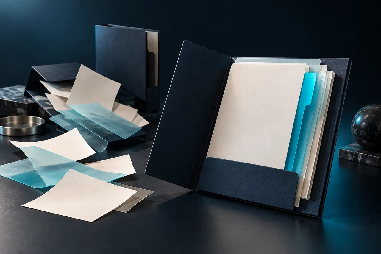 AI-generated illustration of neatly arranged papers and a folder on a navy background.