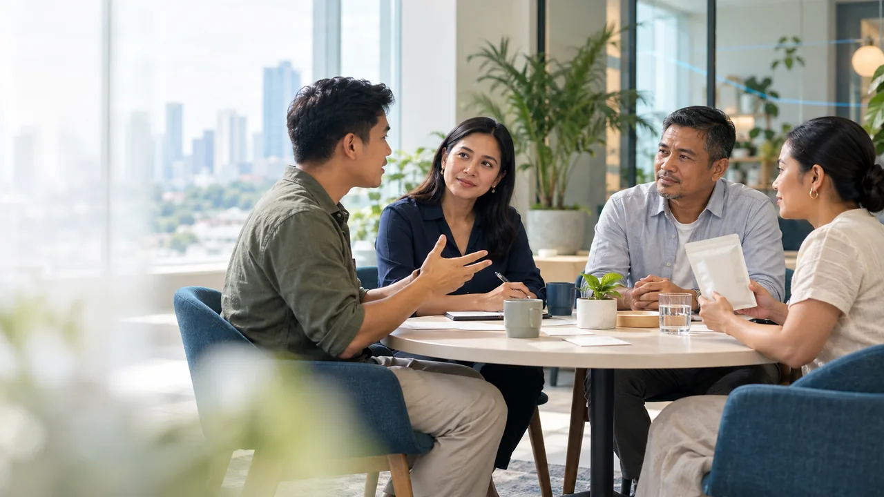 AI-generated illustration of adults discussing consumer experiences around a table.