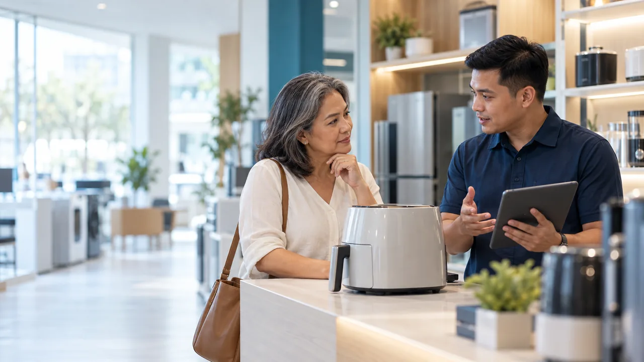 AI-generated illustration of a service advisor helping a customer in an appliance showroom.