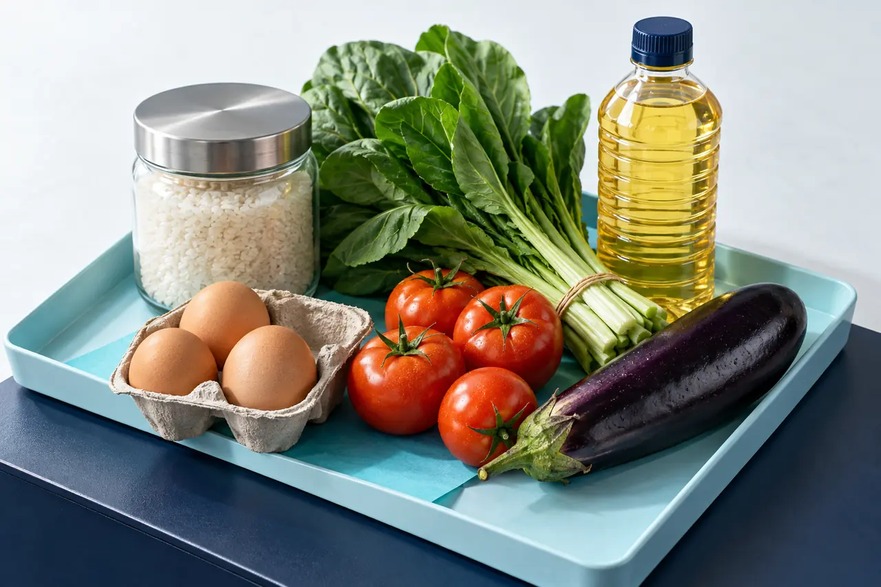 AI-generated illustration of rice, eggs, vegetables, and cooking oil on a cyan tray.
