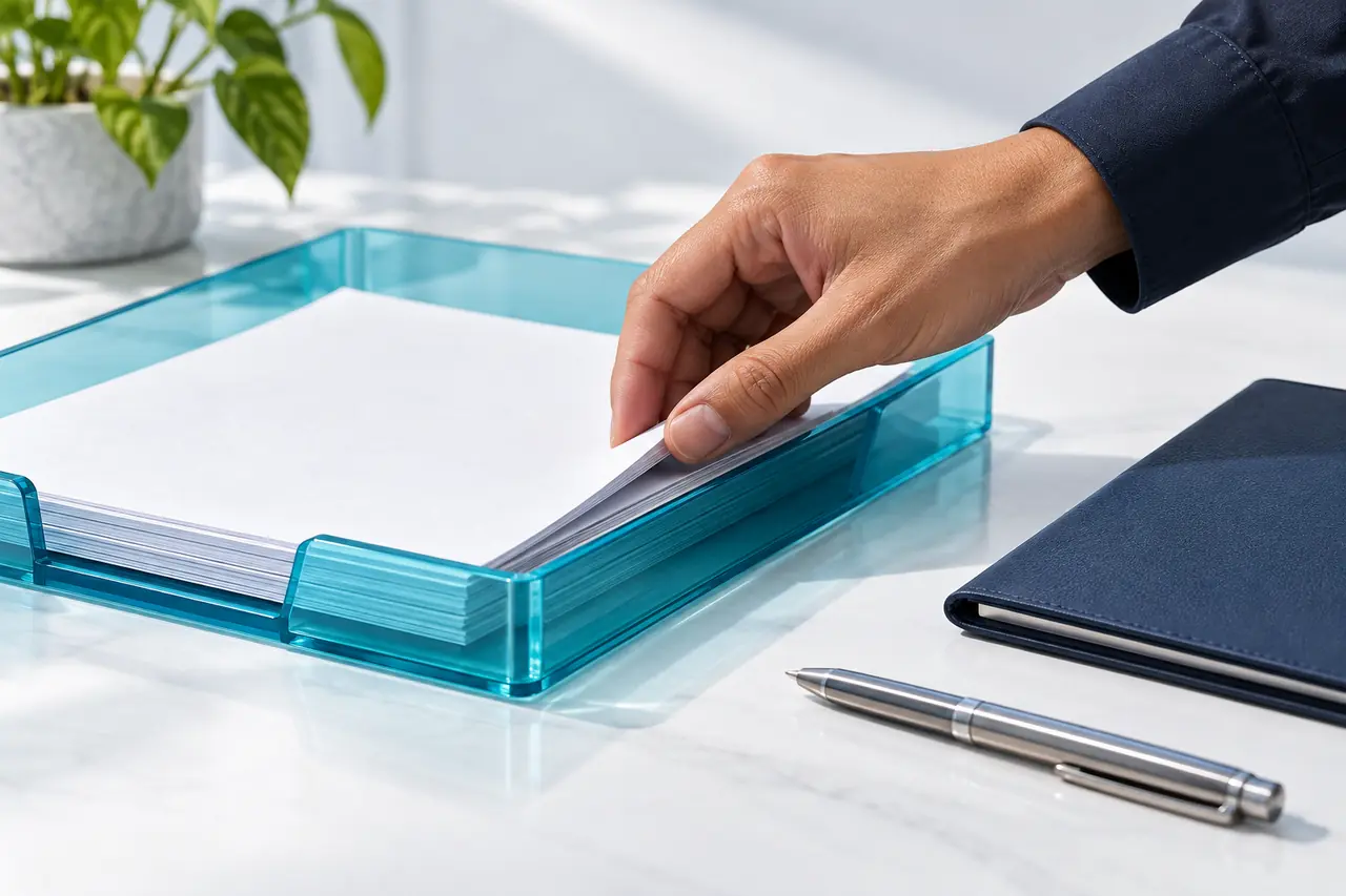 AI-generated illustration of a hand aligning papers in a cyan document tray.