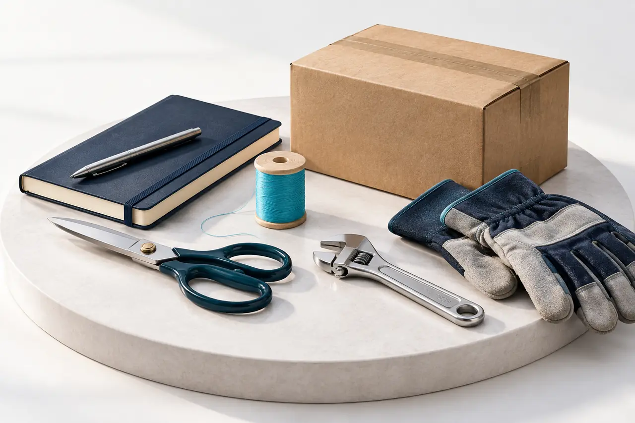 AI-generated illustration of a notebook, sewing supplies, hand tools, and a delivery parcel.