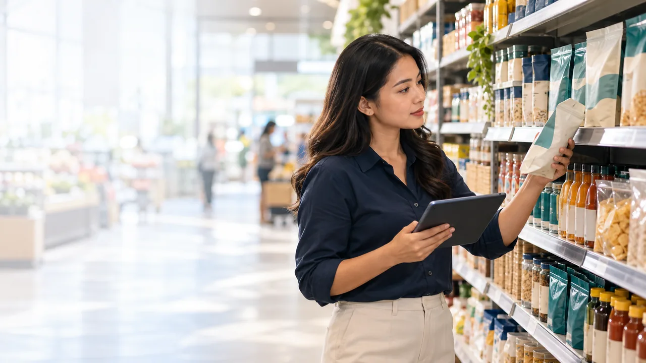 AI-generated illustration of an analyst reviewing grocery promotions on a tablet.