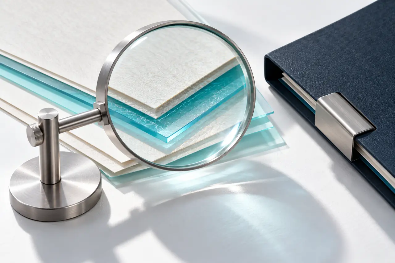AI-generated illustration of a magnifying glass above layered papers and a source folder.